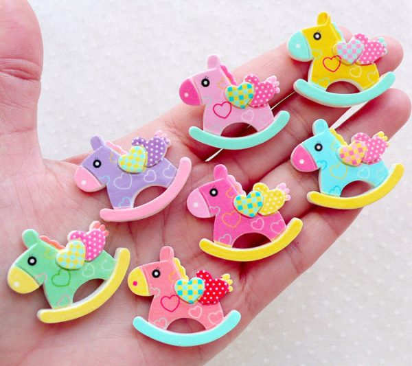 Kawaii Cabochons   Rocking Horse Cabochon Mix (7pcs   32mm x 28mm) Decora Kei Hair Pin Decoden Pieces Baby Shower Decor Table Scatter CAB596 Fashion